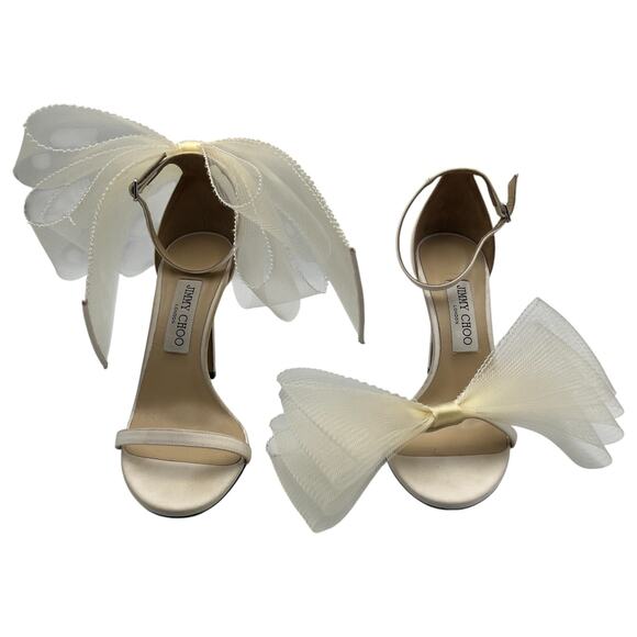 Jimmy Choo Aveline 100 Bow Ankle Strap Leather Heels Sandals Latte White 39/9 - Picture 1 of 11